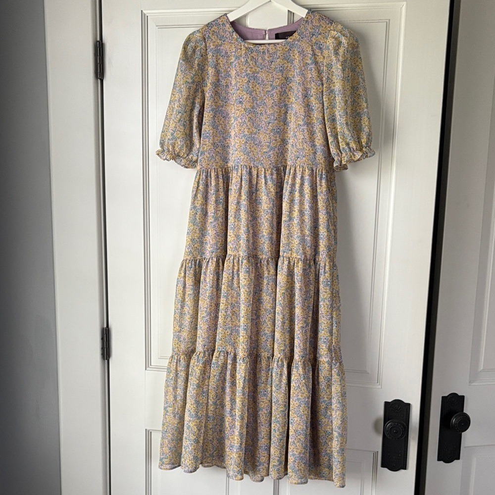 Code Mode Tiered Maxi Dress XS Purple Yellow Floral Short Puff Sleeve